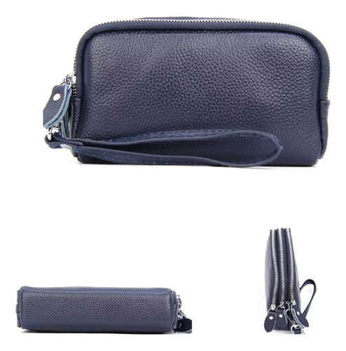 Cartera Larga De Piel Auténtica De 3 Capas Con Cierre