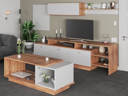 Imagen 5 de 10 de Combo Mesa Rack Tv + 2 Bibliotecas Living Modular Moderno