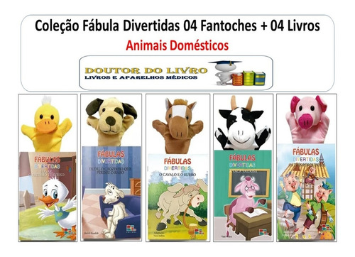 05 Fantoches Animais Domésticos + Livros Fábulas Divertidas 