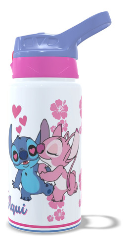 Garrafa Squeeze Alumínio Stitch E Angel Com Nome Lilás