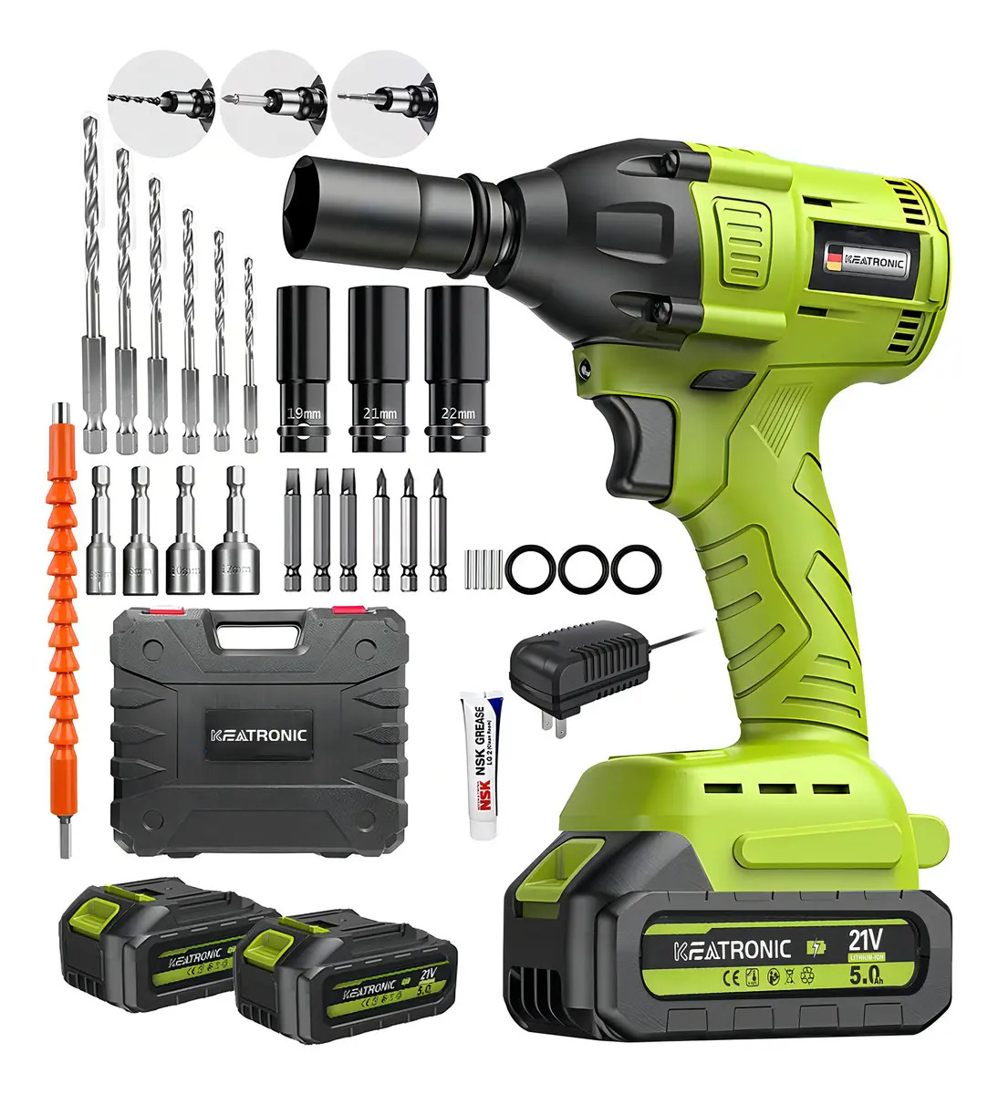 Keatronic 520n.m Llave Inalámbrica 1/2'' Pistola Impacto Para Uso Industrial Sin Escobillas Con 2 Baterías,3000RPM Alta velocidad