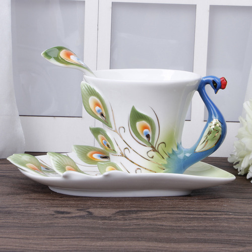 (gn) Taza De Porcelana Con Forma De Pavo Real, Juego De Café