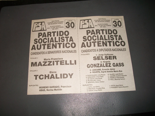 Partido Socialista Auientico . Boleta Electoral 14/10/2001 .