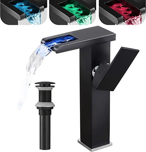 Grifo De Baño Negro Con Luz Led 3 Cambio De Color Cascada .