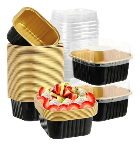 BANNA 50 Molde Aluminio Desechable 300ml Con Tapa, 10 Oz/300ML Moldes Para Tartas, Moldes Cuadrados De Foil Para Tartas De Bodas, Fiestas Y Cumpleaños, 11 .2* 11 .2* 4 cm , Negro