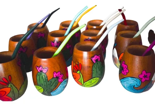 comprar Mates Por Mayor Pintados Flores Souvenir Pack 10 + Bombillas