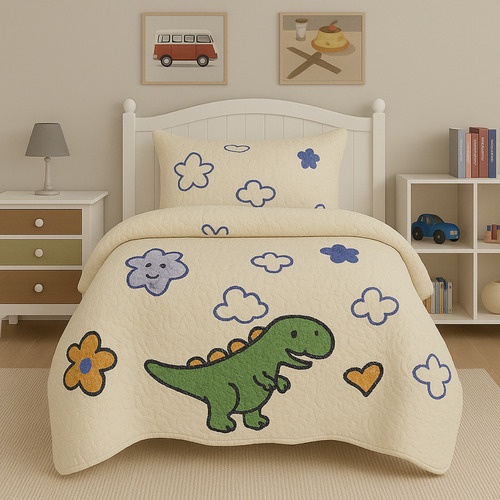 Kit Colcha Cobre Leito Infantil Menino Menina Solteiro 2 Pçs Cor Palha Dino