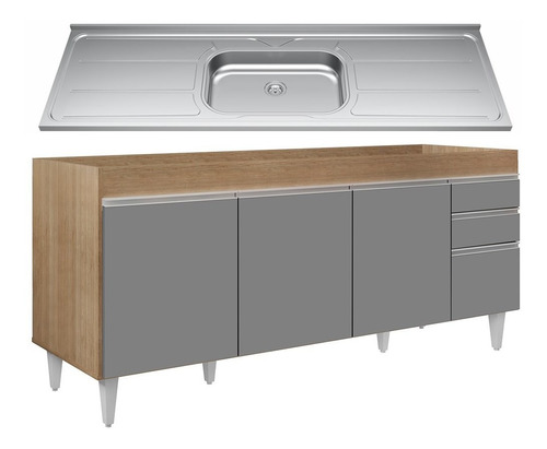 Balcão Gabinete Com Pia 180cm Dallas Castanho/cinza - Lumil Cor Cinza