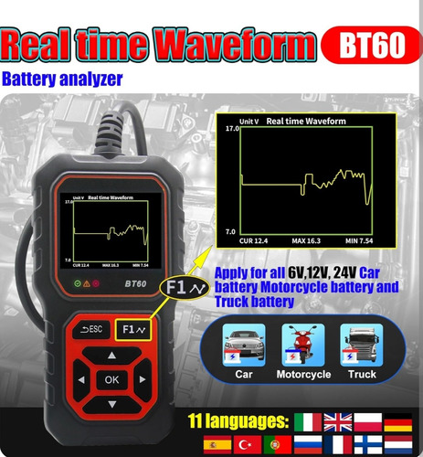 Bt60 - Probador De Batería De Automóvil De 6 V, 12 V Y 24 V