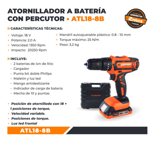 Imagen 4 de 4 de Taladro Percutor Inalámbrico 10mm Lüsqtoff Atl18-8b 18v 220v