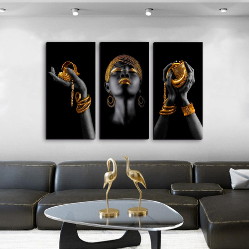 Set De 3 Mujer Africana Con Joyas Negro Y Oro 100x150cm