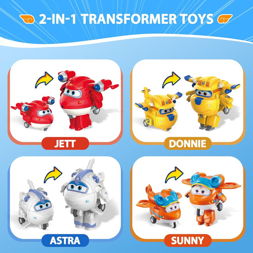 Super Wings Transform-a-bots - Paquete De 4 Figuras De Vehíc