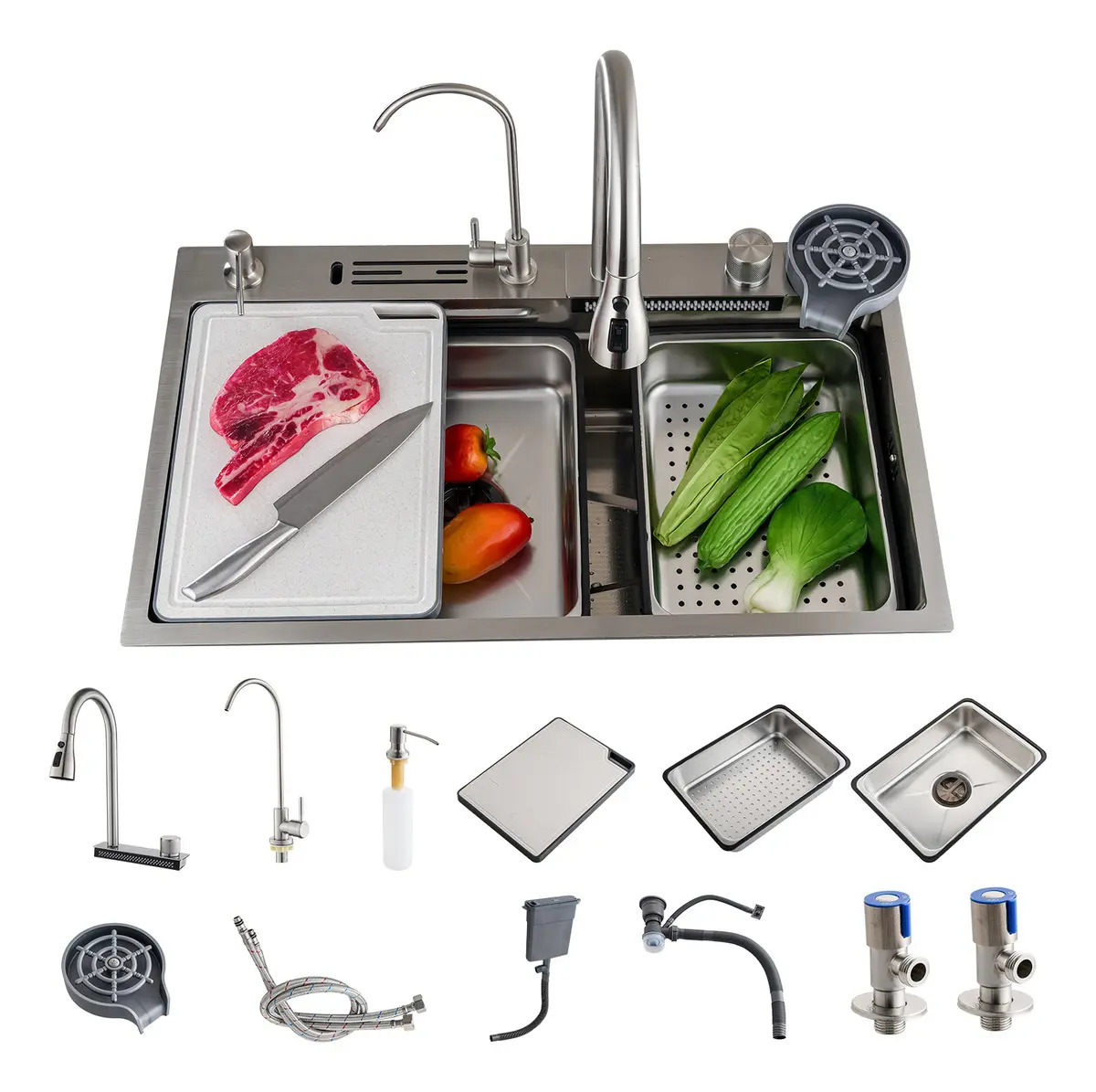 Cuba Cozinha Inox 304 Escovado 75x45x19cm Com Torneira Gourmet Extensível E Kit Acessórios Cor Prata Winda