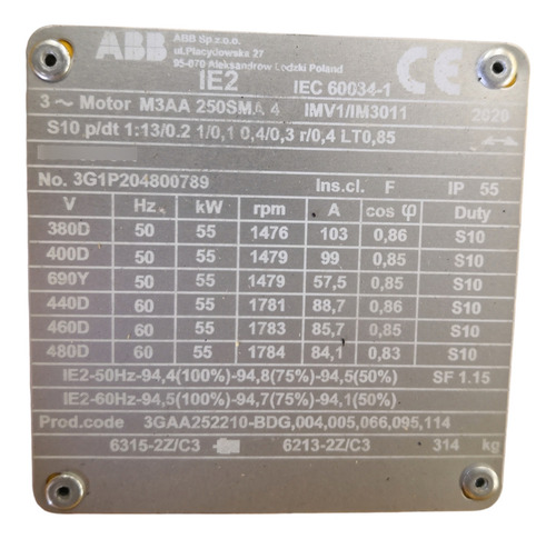 Motor 70hp Abb Trifasico 55kw M3aa250sma4 400/690v