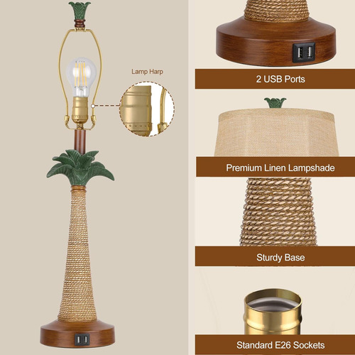 Juego De 2 Lámparas De Mesa Con Palmera Costera Con 2 Puerto