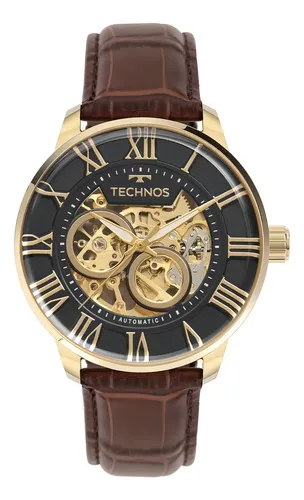 Relógio Automático Masculino Technos Esqueleto Couro Marrom Dourado