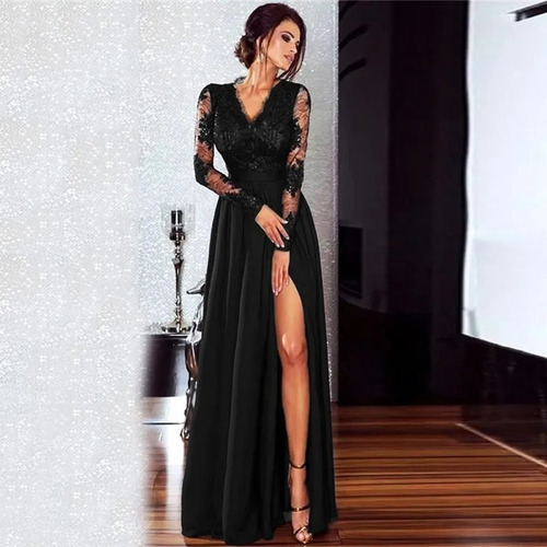 Vestido Largo Manga Larga Escote En V Con Encaje Para Mujer | Cuotas sin interés Vestido Largo Manga Larga Escote En V Con Encaje Para Mujer | Cuotas sin interés