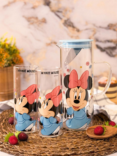 Set De 1 Jarra Y 2 Vasos De Cristal Minnie Mickey Bebidas