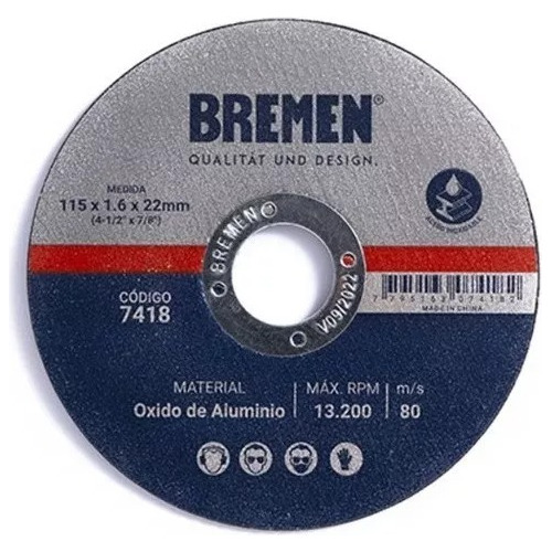 Disco Corte Amoladora Metal Bremen 115x 1.6 Mm Caja 25u 7418