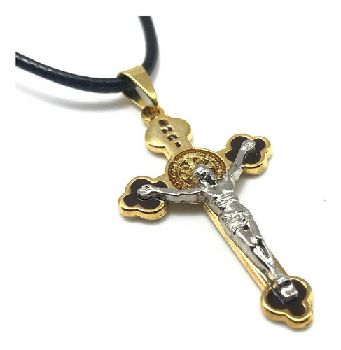 Colar Pingente Com Crucifixo São Bento Metal Dourado