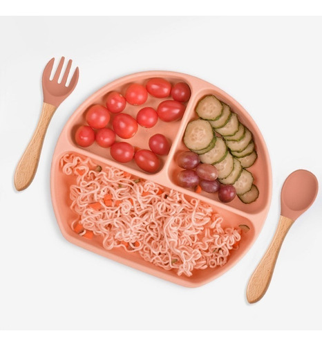 Kit Alimentação Bebê Silicone Prato, Babador, Garfo E Colher