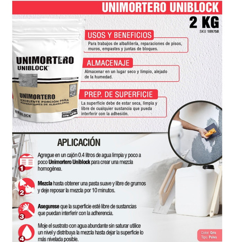 Mortero Seco Uniblock 2kg Para Reparaciones