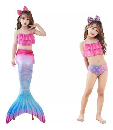 Traje De Baño Niña Sirena Conjunto De Tres Piezas Con Cola