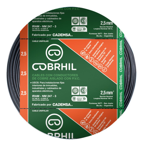 Cable Unipolar Normalizado Cobrhil 2.5 Mm Rollo 100 Mts