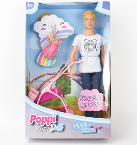 Muñeco Thiago Papá Con Bebe Cochecito Y Mamadera Poppi Doll