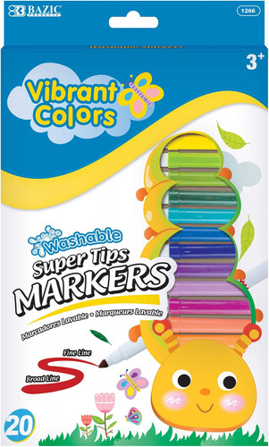 Bazic Marcadores Lavables Super Tip 20 Colores, Marcador No