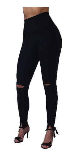 Imagem 5 de 8 de Calça Feminina Legging Bandagem Rasgo Joelho Zíper Barra
