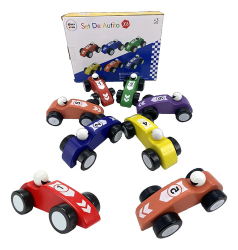 Pack X6 Autitos De Madera Carrera Colores Cubeta Toys
