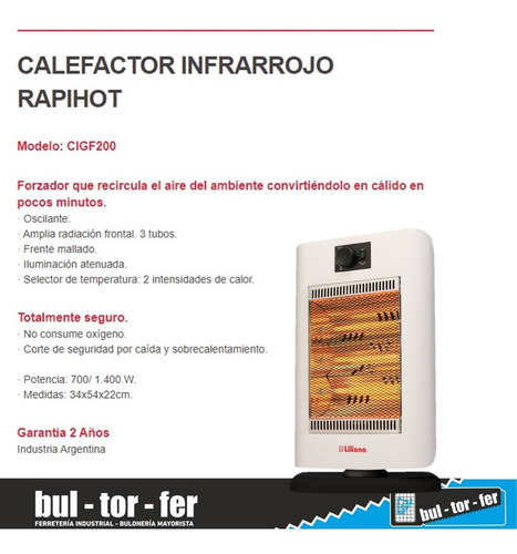 Imagen 3 de 6 de Calefactor Infrarrojo Oscilante Liliana 1400w Cigf200
