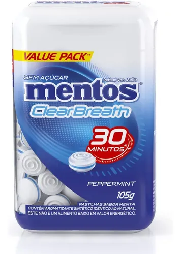 Pastilhas Mentos Clear Breath Peppermint Balas Sem Açúcar Pote 10...