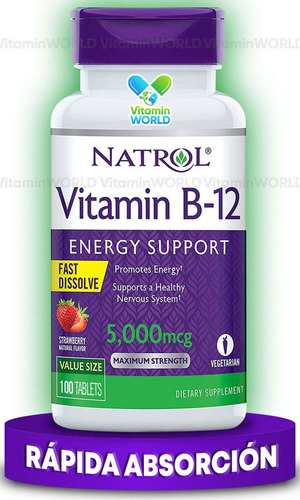 Vitamina B12  Natrol 5000mcg Sublingual/100 Unidades Sabor Frutilla