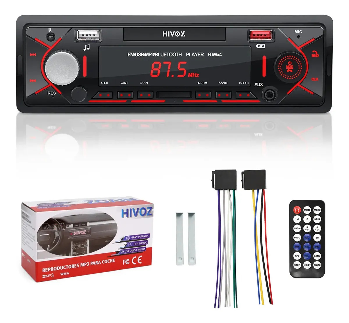 Estéreo para Auto Hivoz con Bluetooth y Reproductor MP3 1DIN 2 USB Fm Rca Aux Soporta Llamadas Manos Libres Autoestéreo 4 Modos