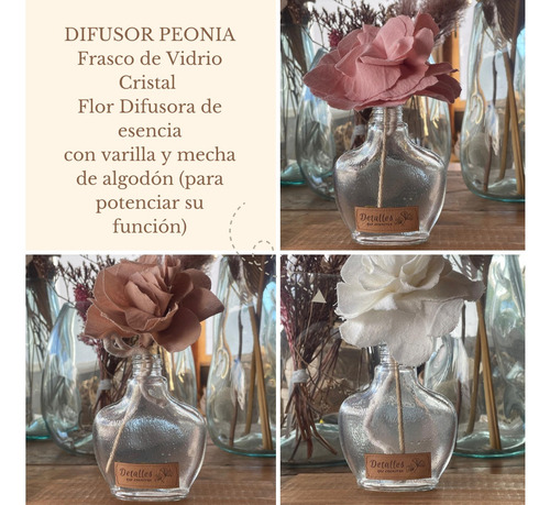 Frasco Vidrio+flor Tela Premium Peonia Mecha Ideal Difusor Rosa Claro