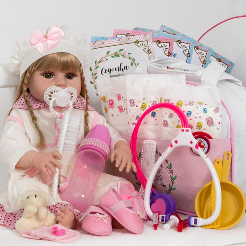 Boneca Conjunto Xodo Rosa Estilo Reborn Loira Completa Diversos Itens Cegonha Reborn Dolls