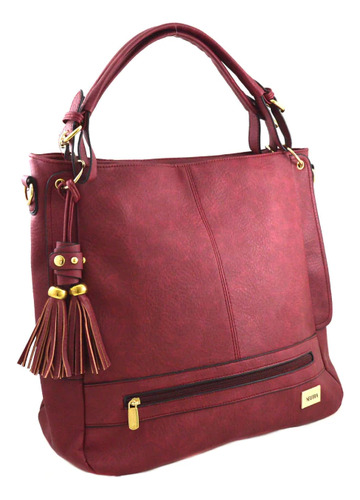Cartera Carteron Tote C/ Cierre Bolsillos Cuero Ecolog Bordo Bordó Liso Oro Bordó