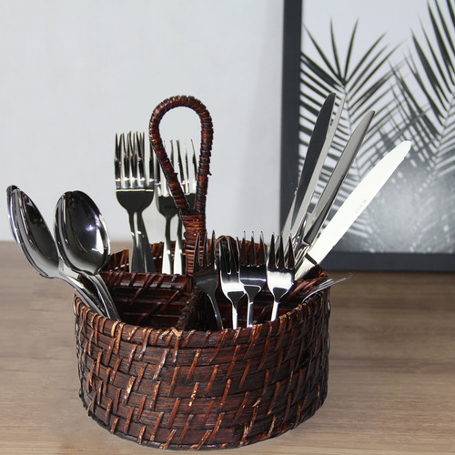 Porta Talher Rattan Marrom Escuro C/ Alça Rústico 20x10x25