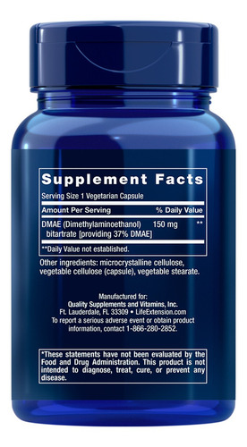 Life Extension Bitartrato Dmae 150 Mg 200 Cápsulas Sabor Sin sabor