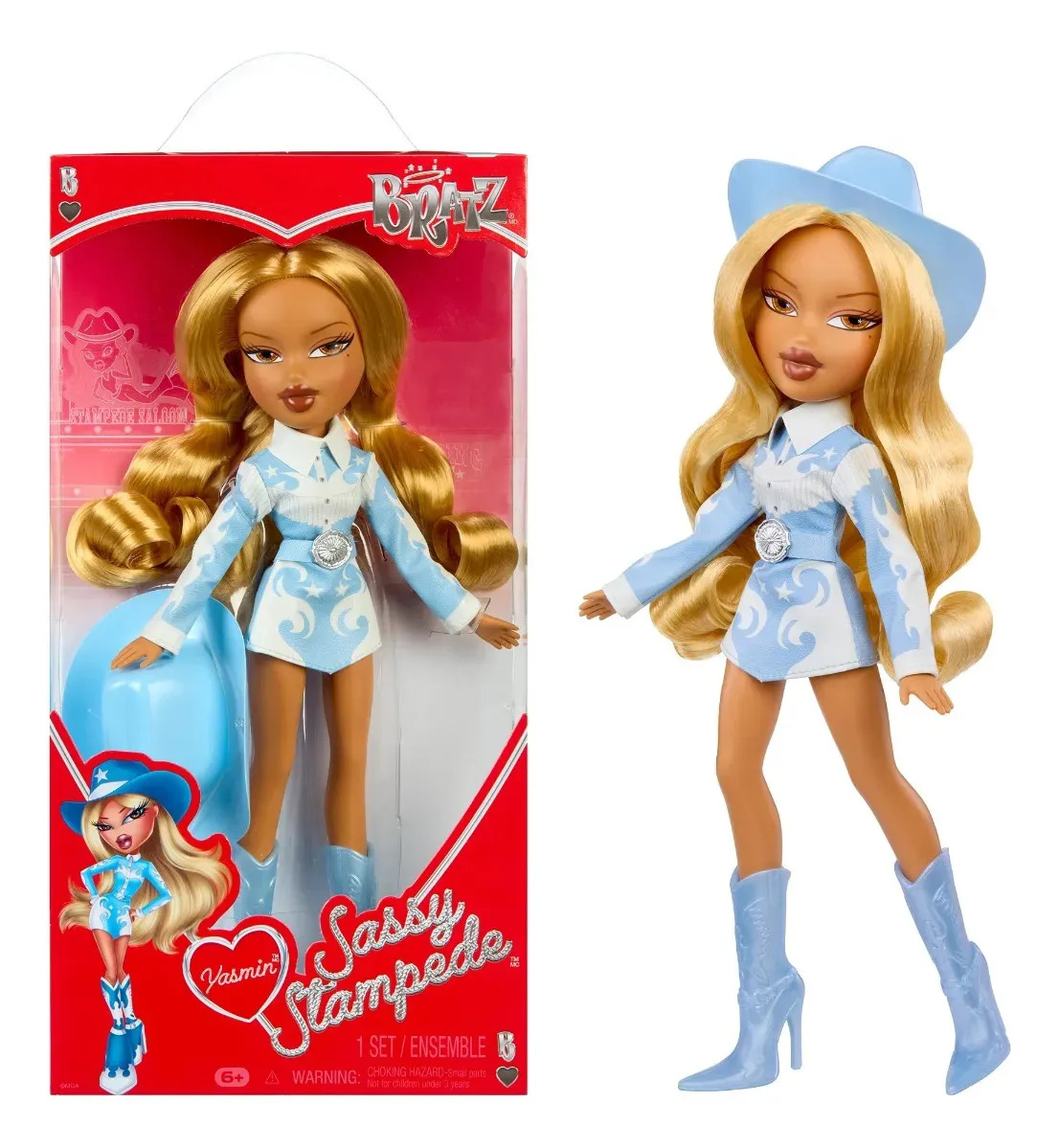 Sassy Stampede Yasmin - Bratz - Muñeca De Moda Con Outfit Vaquero - Icónico Azul Celeste - Set De Juego Con Accesorios - Incluye Vestido, Botas Y Sombrero - Figura Articulada Coleccionable
