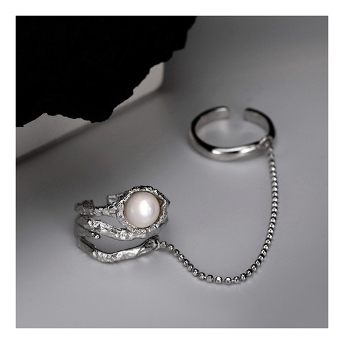 Doble Anillo Con Cadena Perla 8mm Plata S925 Moda Mujer