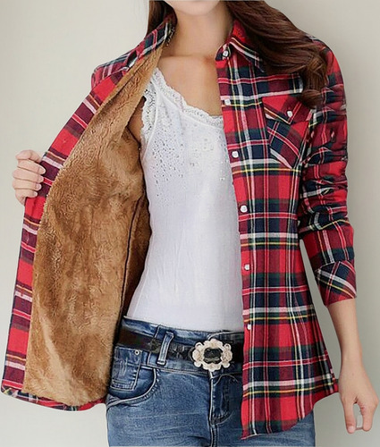 Chaqueta Polar Con Estampado De Cuadros Abrigo Grueso Mujer