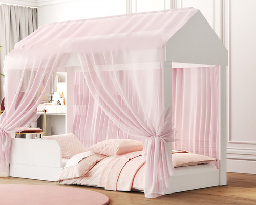 Cama Casa Infantil Crystal Montessoriana Com Voal Rosa Quarto Meninas Docel Baby Com Colchão Castelo Princesa Neloja