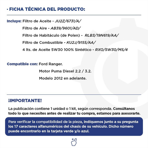 Imagen 2 de 6 de Kit 4 Filtros + Aceite 5w30 X 9lts Ford Ranger 2.2 3.2