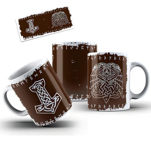 Caneca Cerâmica Escritos Nórdicos Símbolos Odin Mjolnir Thor