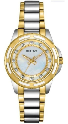 Reloj Perola con esfera Bulova 98p140, chapado en oro. 12 diamantes. Color de la correa: plata y oro, chapado en oro, color del bisel: blanco y dorado. Color de fondo: blanco perlado.