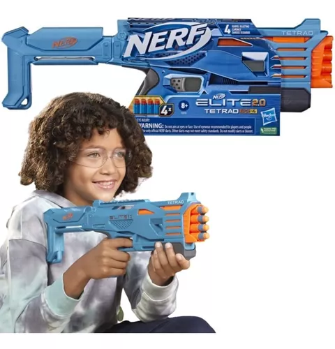 Nerf Elite 2.0 Tetrad QS-4 Blaster, incluye 4 dardos Nerf Elite, voladura  de 4 barriles, riel táctico para personalizar la capacidad, acción de la