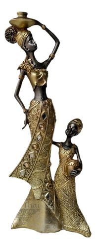 Figura Africana 29cm Dorado Familia Madre E Hija Zn